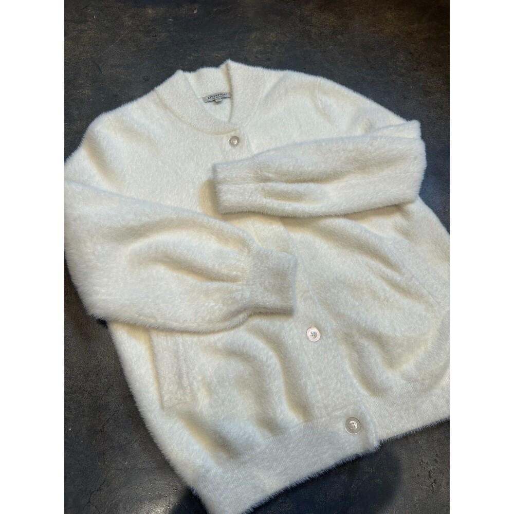 Liverpool Los Angeles Fuzzy Soft Cardigan Sweater Womens Medium Ivory Button